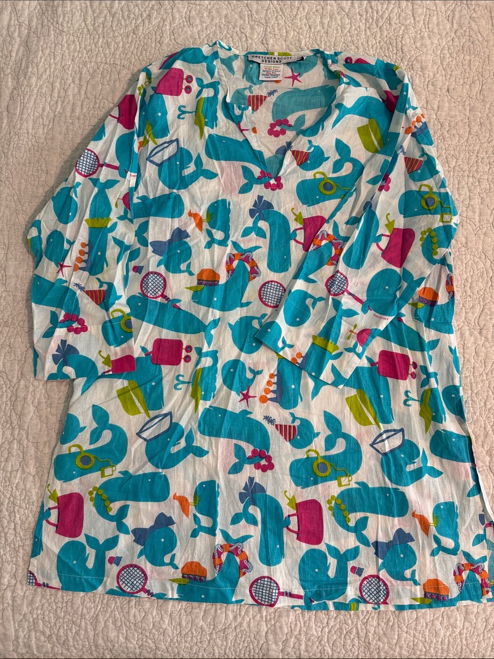 Gretchen Scott Designs Turquoise White Whale Print Swim Coverup, Sz L